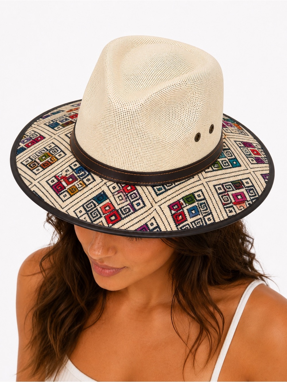 Natural Straw Fedora with Multicolor Geometric Embroidered Brim